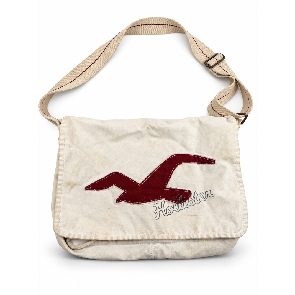 Hollister Vintage Y2K Cream Canvas Logo Messenger Crossbody Shoulder Bag